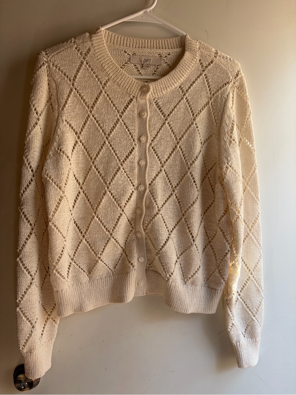 LOFT Cream Diamond Openwork Button Cardigan NWT